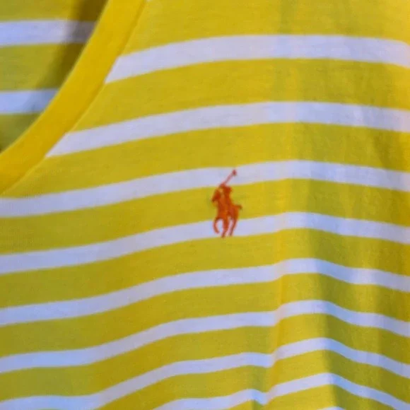 Ralph Lauren Womens T Shirt Large Yellow White Striped V Neck Pony Logo - Picture 3 of 6